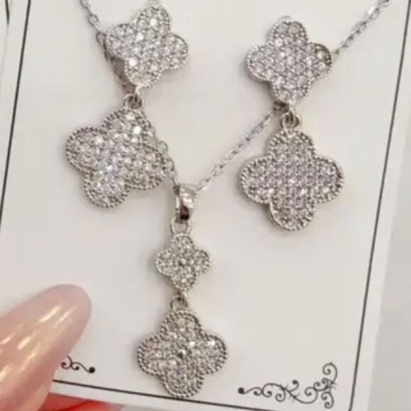 Diamond Silver Double Clover Necklace + Earrings Set - Picture 2 of 9